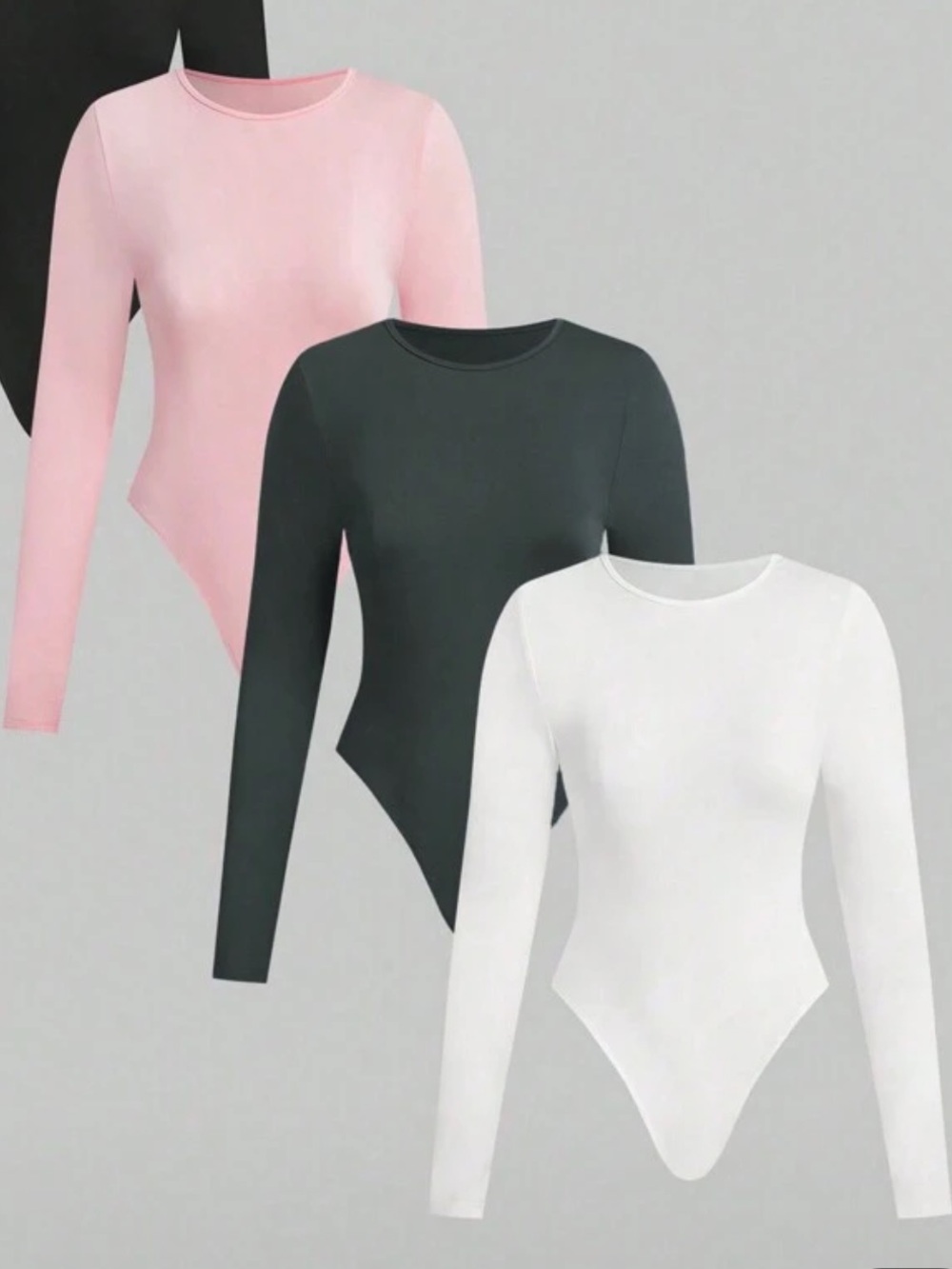 3-Pack Long Sleeve Seamless Bodysuits - Black, Pink, black , White